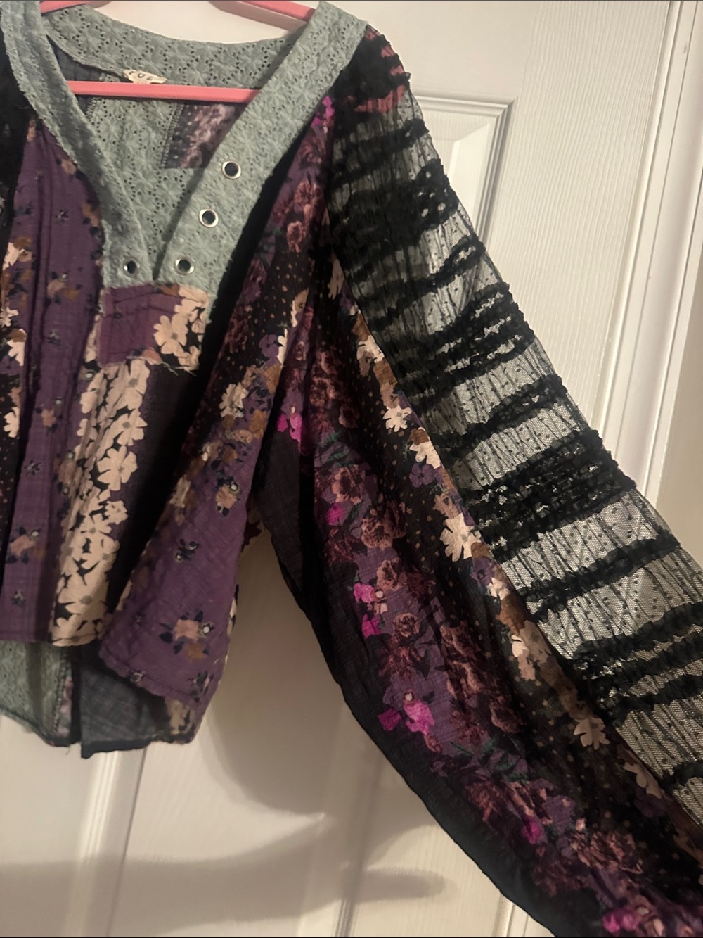 POL Floral Patchwork Boho Top in Black, Purple, Green - Picture 5 of 9